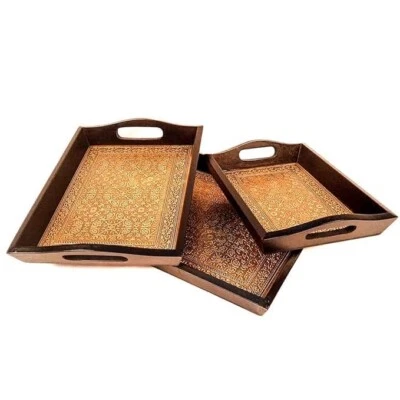Handicraft Serving Tray - Set of 3 - Brass Tray | Breakfast Coffee Tea Trays Ser - Image 1 of 4