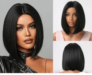 Short Bob Straight Black Synthetic Hair Wigs Heat Safe Halloween Cos Christ Gift - Picture 1 of 12