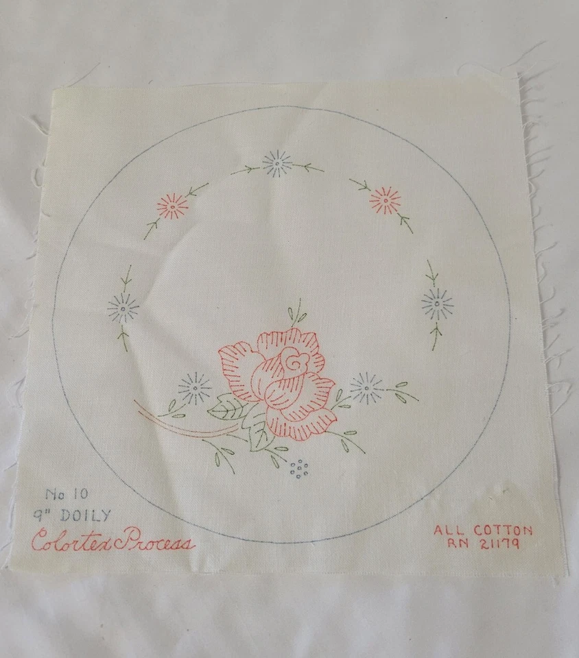 Vintage Linen Stamped Cross Stitch Embroidery 9x9 Floral Rose Doily Pattern  - Image 1 of 4