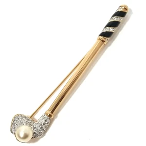 Vtg Swarovski Golf Club Brooch Gold Tone Crystal Enamel Faux Pearl Signed Swan - Picture 1 of 6
