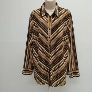 Ninety Women’s Top Button Down Shirt Brown Stripe Long Sleeve Plus Size 1X - Picture 1 of 9