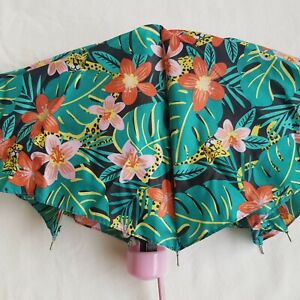 Totes Compact Umbrella Jungle Leopard Flowers retro print with pink handle 24cm
