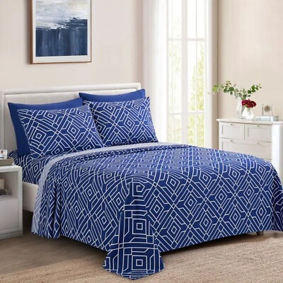 Printed Rayon from Bamboo Deep Pocket 4 Pieces Sheet Set, Blue Geometric Twin - Image 1 of 4