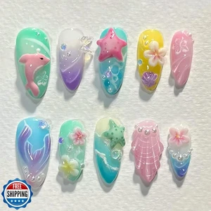 30Pcs Beach Press on Nails Medium Almond Fake Nails 3D Dolphin False Nails wi - Picture 1 of 5