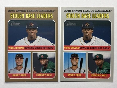 2019 Topps Heritage Minors Stolen Base ESTEURY RUIZ BRUJAN REED Gold /15 #198 - Image 1 of 3
