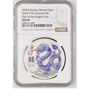 2024 Australien ANDA Lunar Jahr des Drachen 1 oz Silber Lilac Münze NGC MS 69 - Bild 1 von 7