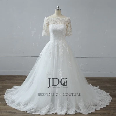 Schulterfrei Brautkleid Hochzeitskleid 32-60 Halbarm Knöpfe Ivory Top Qualität - Bild 1 von 4