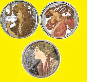 ALPHONSE MUCHA 3 colorized coin set 3 OZ 999 SILVER COA, pop 2000 - Picture 1 of 1