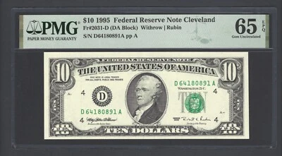 United States-Federal Reserve 10 Dollars 1995 Fr#2031-D (DA Block) UNC Grade 65 - Image 1 of 2