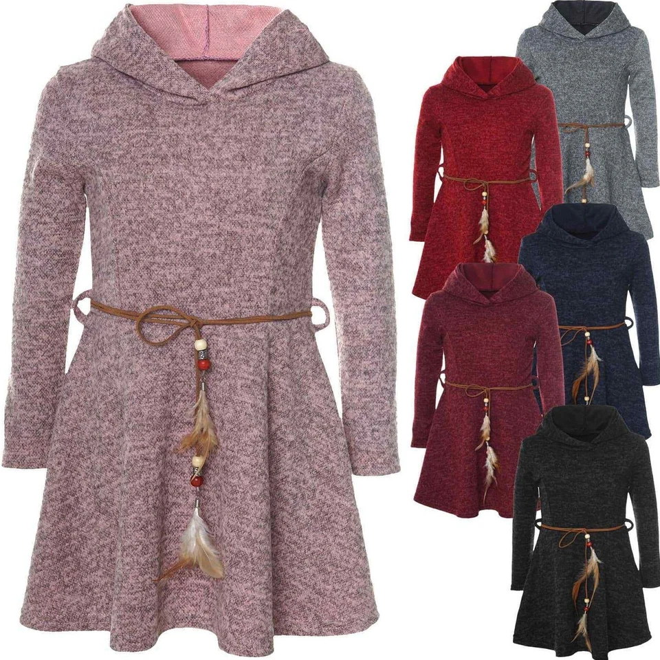 Mädchen Kleid Festkleid Langarm Kinder Winterkleid mit Gürtel  Kapuze Partykleid - Bild 1 von 1