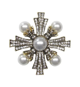 White Crystal Rhinestone and Pearl Star Cross Shaped Jewelry Brooch. - Picture 1 of 3