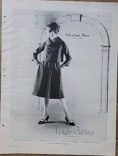 1958 Christian Dior abito donna abito anglo tessuti moda vintage annuncio