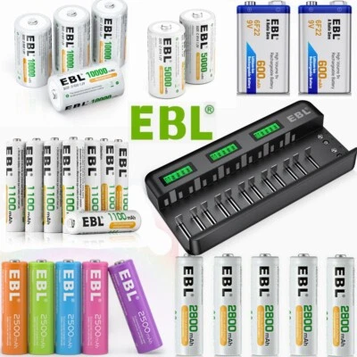 EBL Wiederaufladbare AA/AAA/C/D NI-MH Akkus 9V 600mAh Li-ion Batterien/Ladegerät - Bild 1 von 4