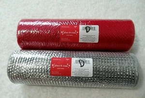 2 Rolls  DECORATIVE MESH CRAFT RIBBON WRAP   RED & SILVER  10” x 10 Yards   NEW  - Picture 1 of 5