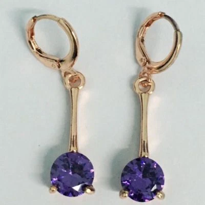 Bonito Nuevo Juego de Pendientes Colgantes Chapados en Oro Rosa Amatista Púrpura Redondos Circonita Circonita Foto 1 de 4