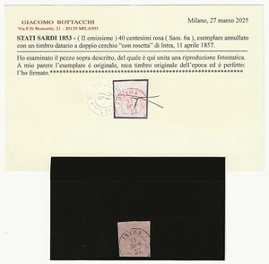 1853 Sardinien 40 c. II rosa Ausgabe mit Annullierung von Intra Zertifikat Bottacchi - Bild 1 von 3