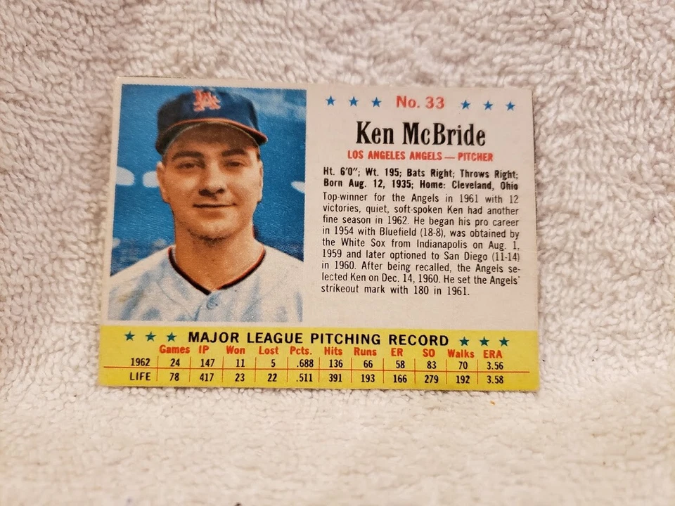 VERY NICE 1963 Post Cereal #33 Ken McBride, Los Angeles Angels, NM BEAUTY! - Image 1 of 1
