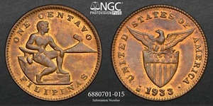 1933-M 1 Centavo NGC MS 63 RB Red Brown Philippines US Coin One USA-PHIL - Picture 1 of 4