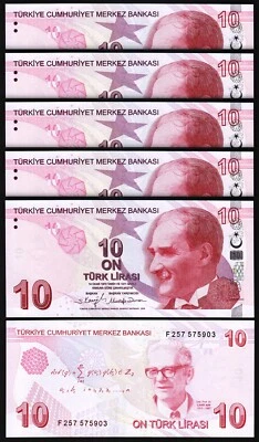 Turkey 10 Lira 2009 - 2022, UNC, 5 Pcs LOT, Consecutive, Prfx F, P-223f,New Sign - Image 1 of 4