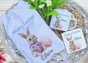 Personalised Pink Bunny Eggs Enamel Mug, kids coaster set, Easter Rabbit design - Picture 1 of 2