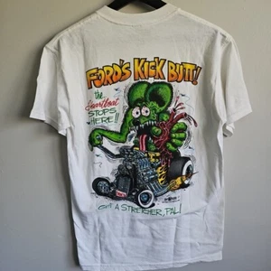Rat Fink Size Small White "Fords Kick Butt" Double Sided Short Sleeve Shirt - Picture 1 of 11