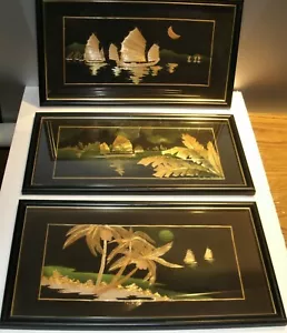 Vtg Asian / Oriental Bamboo Wood Flake Art Sale Boats Set of 3 Hand Made - Picture 1 of 7