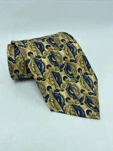 Van Heusen Men’s Gold Tan Blue Geometric Crest Necktie 100% Silk Classic Tie #51 - Picture 1 of 10