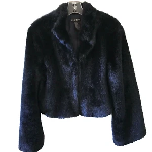 bebe coat size Large navy blue faux fur short jacket long sleeves NEW - Picture 1 of 3
