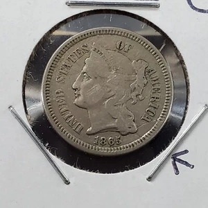 1865 P 3c Liberty Three Cent Nickel Coin AVG Retained Cudd Error VF - Picture 1 of 4