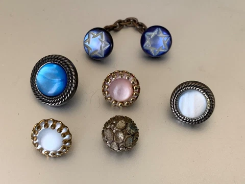 6 Rare Antique French Glass, Metal & Mother of Pearl Buttons - Possibly for doll Cover