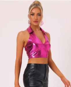 Allegra K Women's Fashion Metallic Cropped Halter, Holographic Pink, Large - Picture 1 of 8
