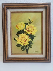 Vintage Yellow Roses Still Life Canvas Framed Painting Signed  - Picture 1 of 13