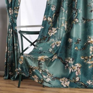 Chinese Style Plum Blossom Curtain Green Artistic Print Curtains 95 Inches Lo... - Picture 1 of 7