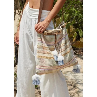 Lovestitch Tan Multicolor Striped Canvas Boho Bag Drawstring Snap Closure - Image 1 of 4
