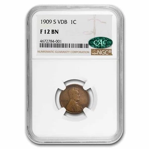 1909-S VDB Lincoln Cent Fine-12 NGC (Brown) CAC - Picture 1 of 3