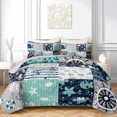 3pcs Kids Nautical Bedding Set Queen - Anchor, Starfish, Seahorse Quilt! Reve... - Image 1 of 4