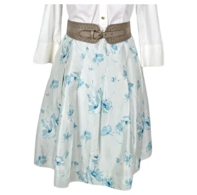 Banana Republic Sz 4 Blue White Silk Floral  Skirt Pleated Knee-Length Romantic - Image 1 of 4