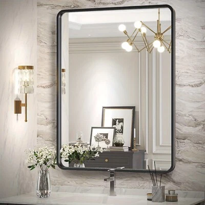 Black metal framed rounded rectangle bathroom mirror 3 sizes Matte black - Image 1 of 4