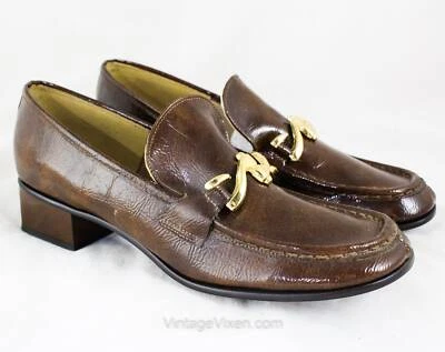 Size 7 Brown Loafers - Unworn 1960s Glossy Patent Leather Style Shoes - Hipster - Image 1 of 4