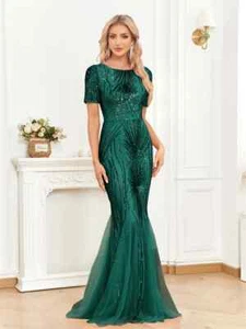 Elegant Short Sleeves Formal Evening Dress Women Luxury Party Maxi Prom Gowns - Picture 1 of 27