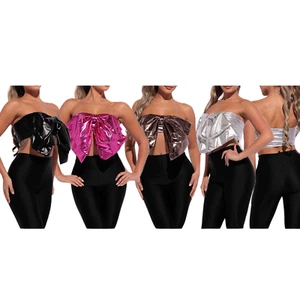 Metallic Strapless Bow Tube Top – Clubwear Party Crop Corset Top - Picture 1 of 13