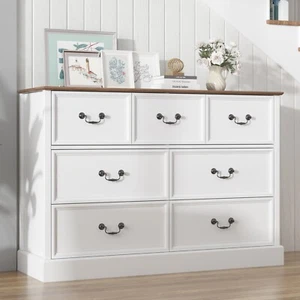 7 Drawers Dresser Double Wood Storage Dressers Chests of Drawers for Bedroom - Picture 1 of 38