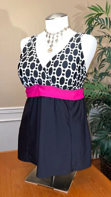 FASHION BUG Modest Women's 1-Pc Softcup Swimdress Black/White Magenta Belt Sz 18 - Image 1 of 4