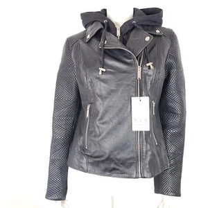Danier Leather Imani Women's Biker Jacket Hood Black Size Sz L - Picture 1 of 10