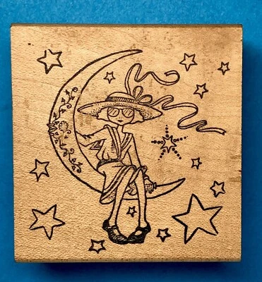 WOMAN on CRESCENT MOON by Mary Engelbreit stars universe ribbon flowers vintage - Image 1 of 2