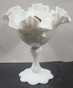 Vintage Fenton Milchglas gerüschter Sockel Kompott Schüssel mit Blumenblatt Sockel weiß - Bild 1 von 13