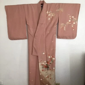 Staubiger rosa rosa rosa Blumenmuster Vintage Houmongi japanischer Kimono - Bild 1 von 12