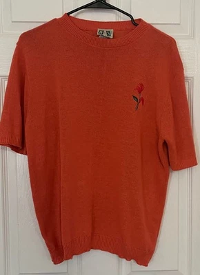 Vintage orange sweater W&SII size small w/ flower & short sleeves - Image 1 of 4