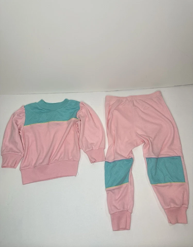 Vintage 80s Toddler Tracksuit Pink Teal IC MFG USA T2  - Image 1 of 4