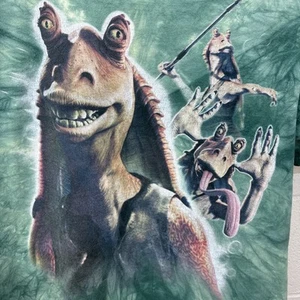 Vintage Jar Jar Binks Liquid Blue Shirt Size XL Green Tie Dye Star Wars Hemmed - Picture 1 of 20